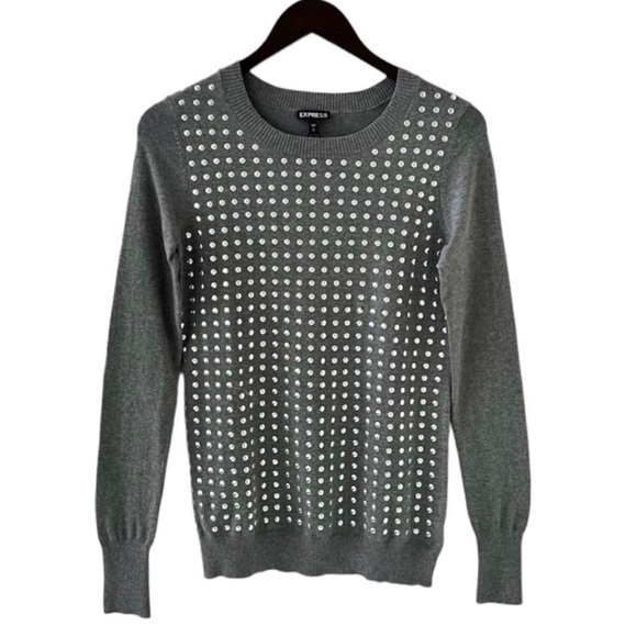 Express Grey Crewneck Long Sleeve Sweater with Silver Stud Detail Size Small - Picture 2 of 6